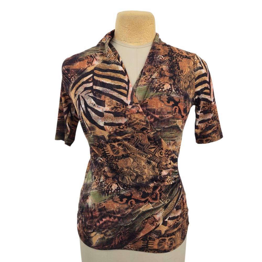 Karen Kane Faux Wrap Top Women Medium Brown Tribal Animal Print Surplice V-Neck